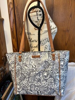 Sakroots Black & White Floral Canvas Tote with Tan Trim